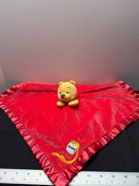 Winnie The Pooh with Honey Pot Red Plush Lovey Blanket With Satin Trim & Embroid